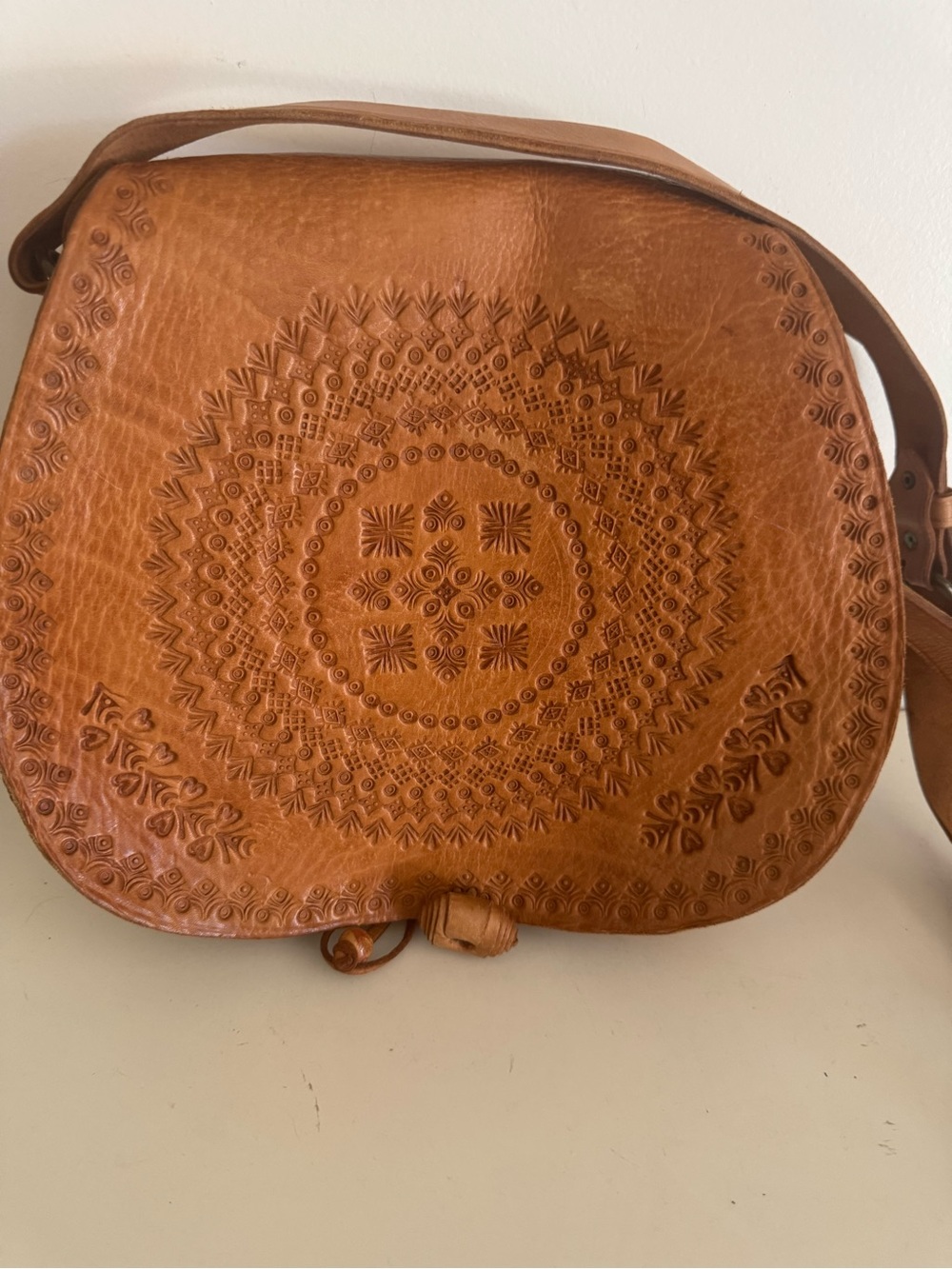 Hand-Tooled Leather Crossbody Bag in Tan
